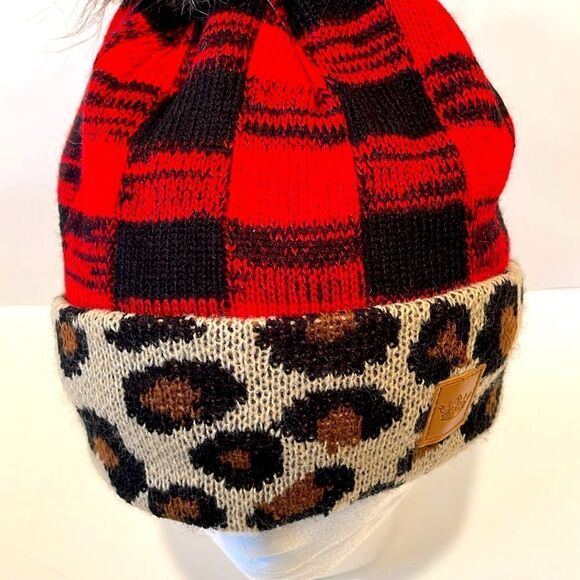 Panache leopard Buffalo plaid beanie hat women’s - Picture 3 of 5